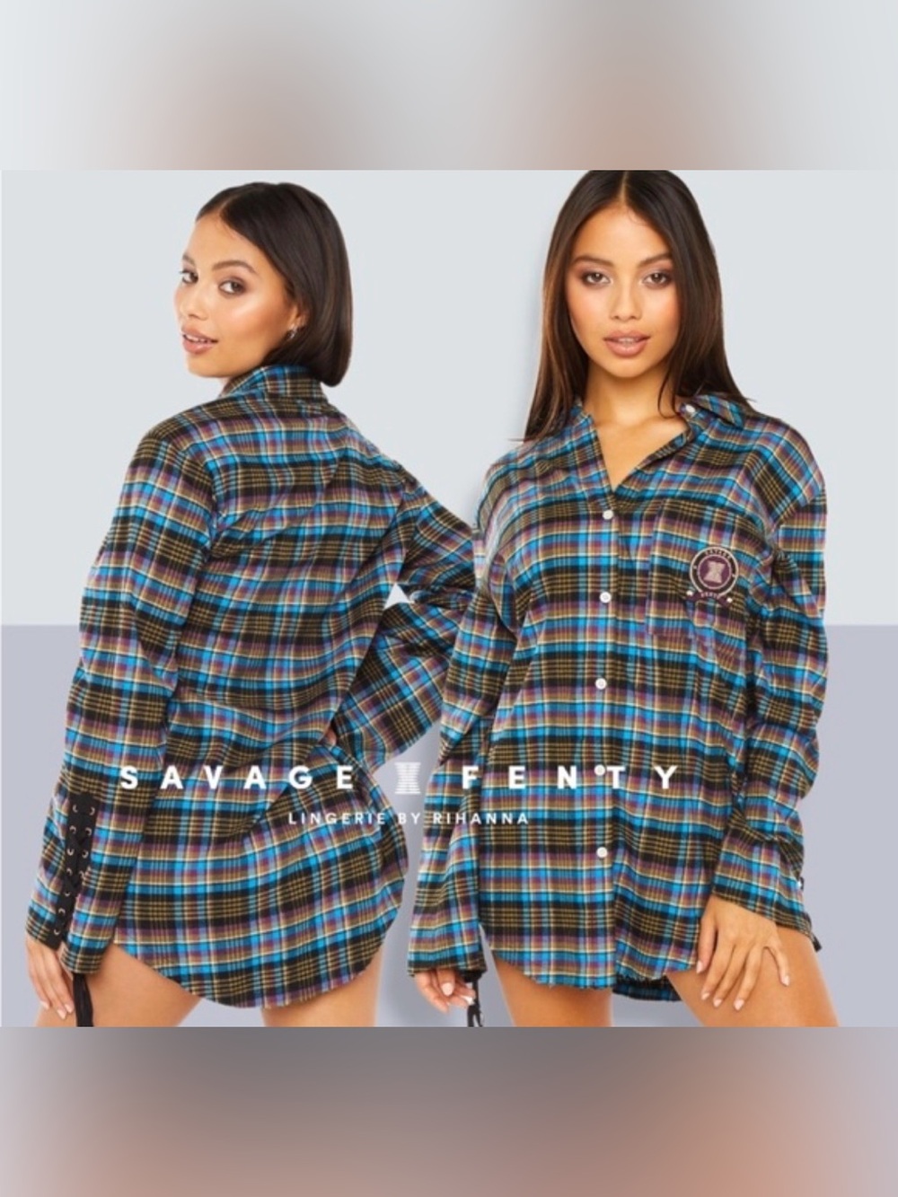 Savage X Fenty Tied Up Tartan PJ Raw Hem Sleep Shirt Size Large.